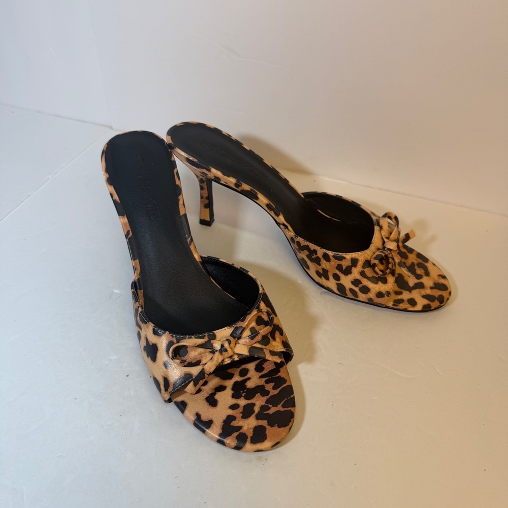 Princess Polly Leopard Print Kitten Heel Mules Bow Detail Sandals Womens 10